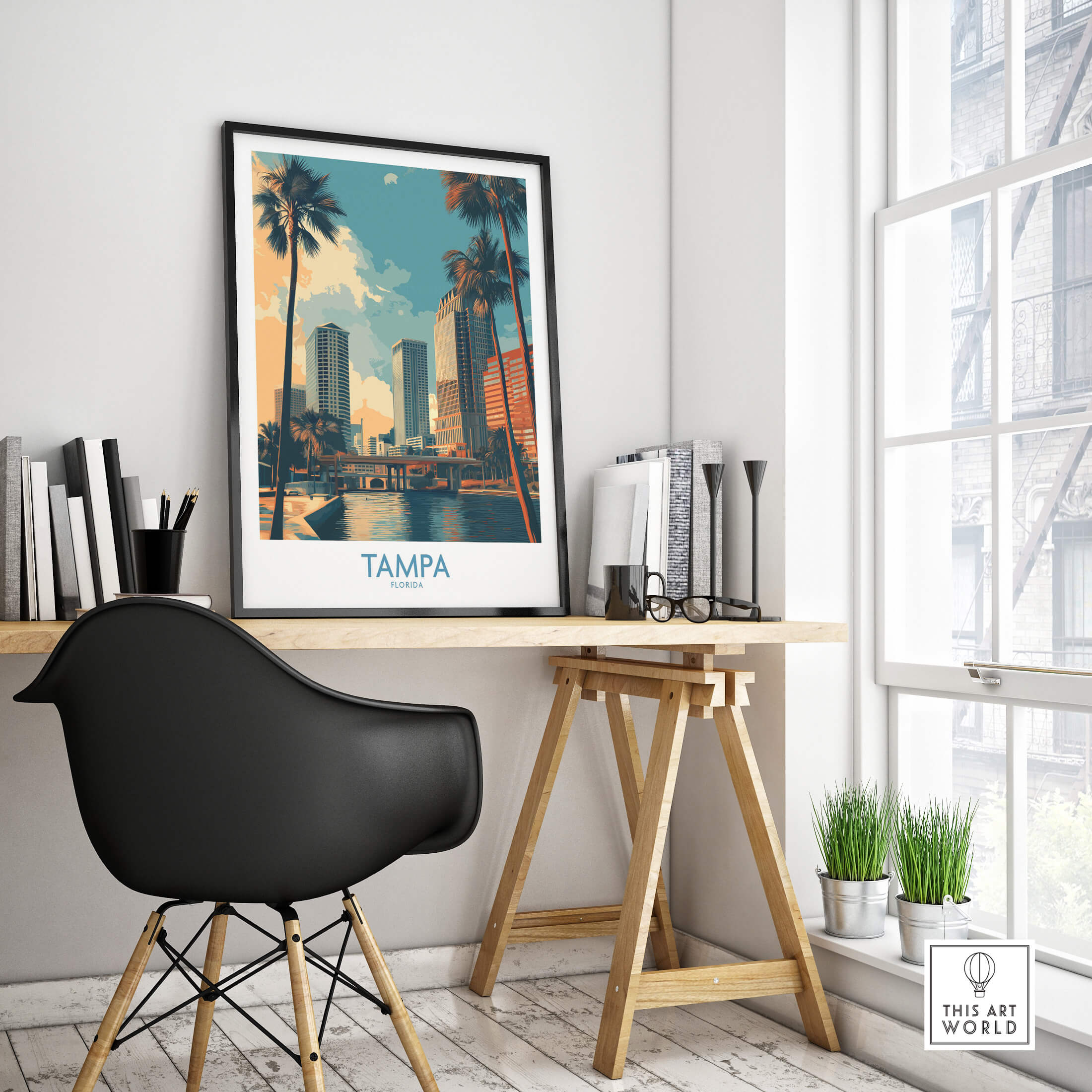 Tampa Florida Poster | City Waterfront Architecture Scene Canvas Print displayed in a modern office setting.