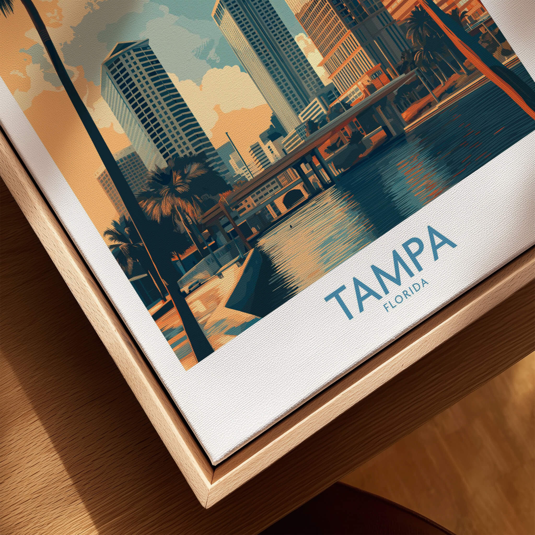 Tampa Florida Poster | City Waterfront Architecture Scene Canvas Print featuring vibrant skyline and palm trees.