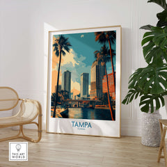 Tampa Florida Poster | City Waterfront Architecture Scene Canvas Print in modern decor setting with palm trees.