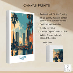 Tampa Florida Poster | City Waterfront Architecture Scene Canvas Print with palm trees and skyline.