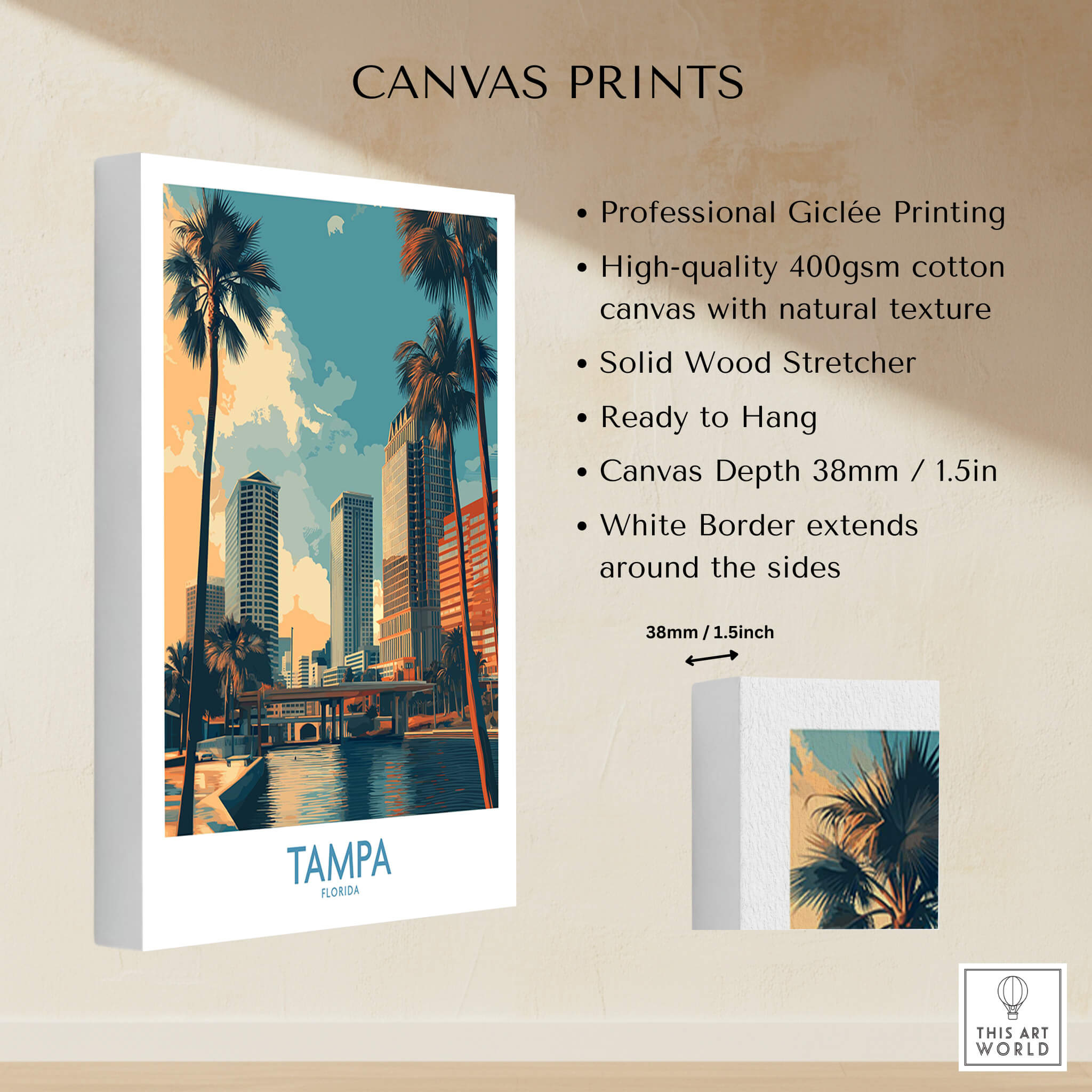 Tampa Florida Poster | City Waterfront Architecture Scene Canvas Print with palm trees and skyline.