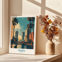 Tampa Florida Poster | City Waterfront Architecture Scene Canvas Print with palm trees and modern buildings