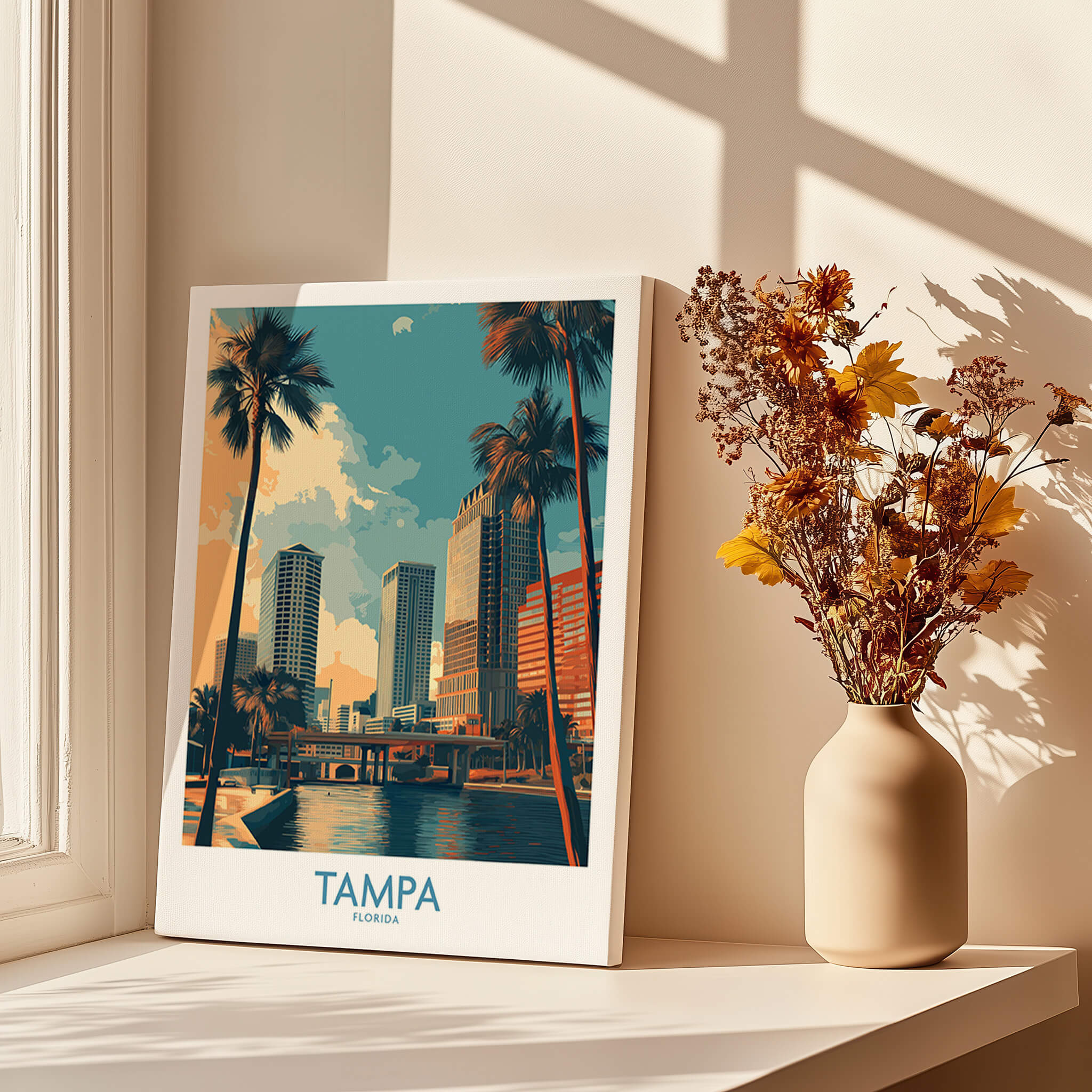 Tampa Florida Poster | City Waterfront Architecture Scene Canvas Print with palm trees and modern buildings