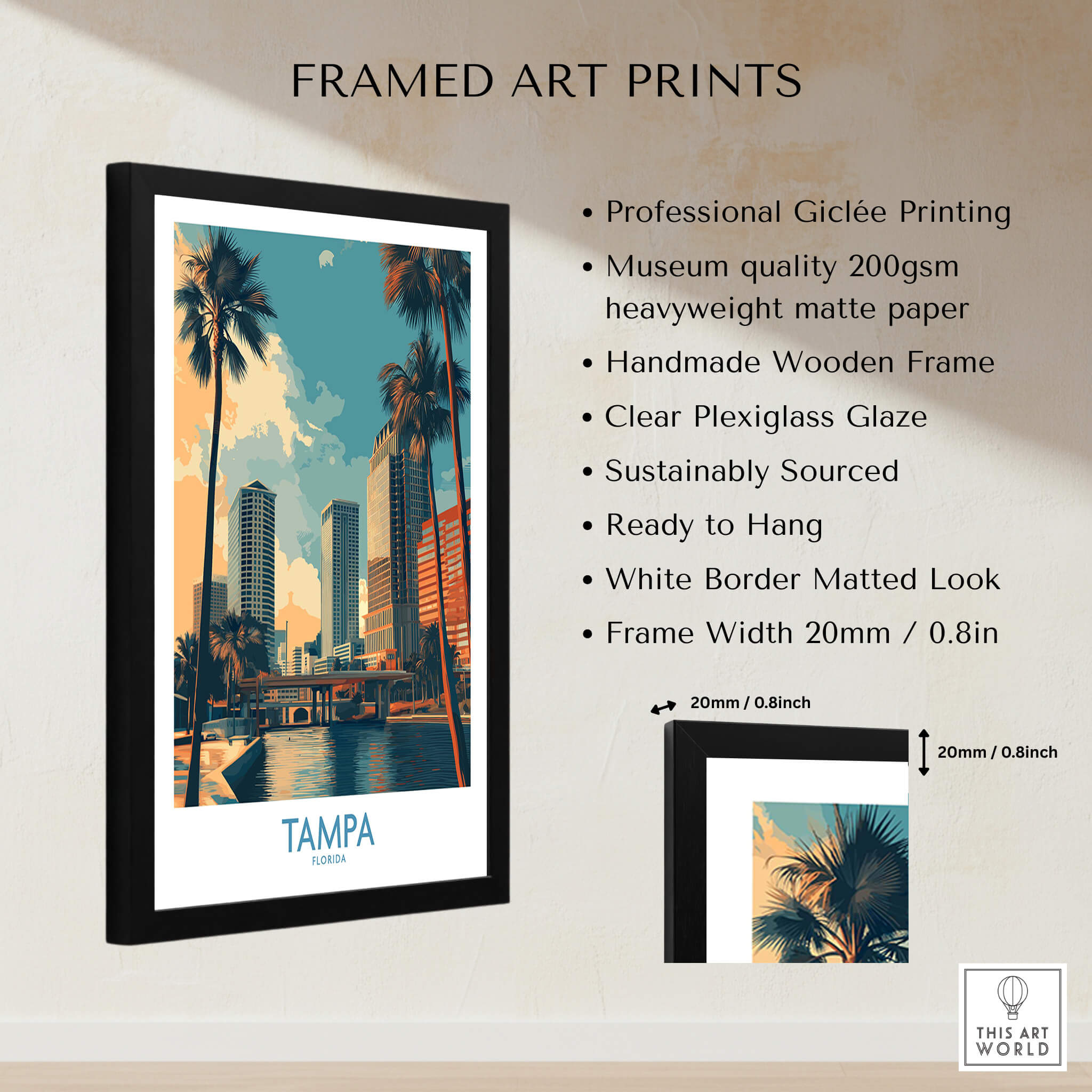 Tampa Florida Poster | City Waterfront Architecture Scene Canvas Print displayed in a stylish frame with professional quality details.