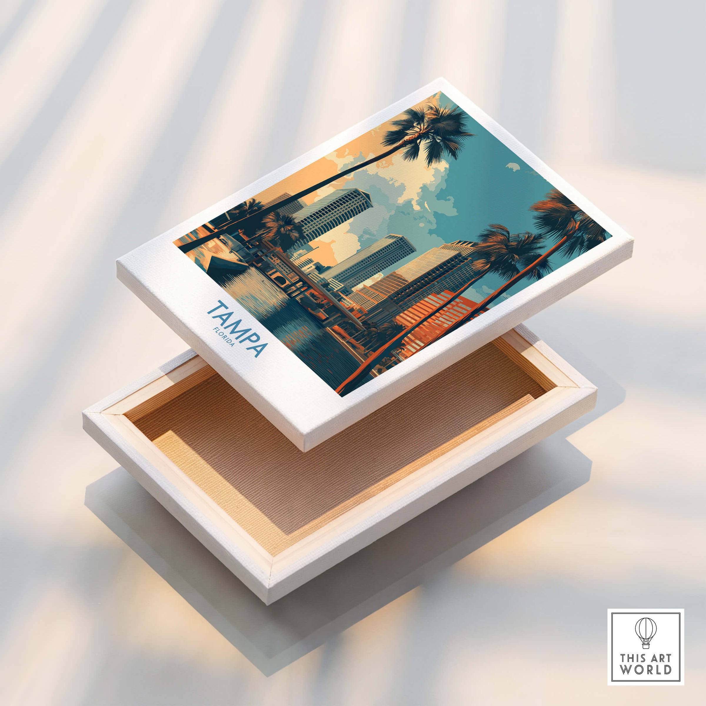 Tampa Florida Poster | City Waterfront Architecture Scene Canvas Print inside a decorative box with palm trees.