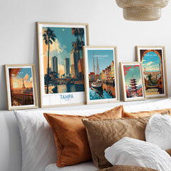 Tampa Florida Poster | City Waterfront Architecture Scene Canvas Print displayed in modern home decor with other city posters.