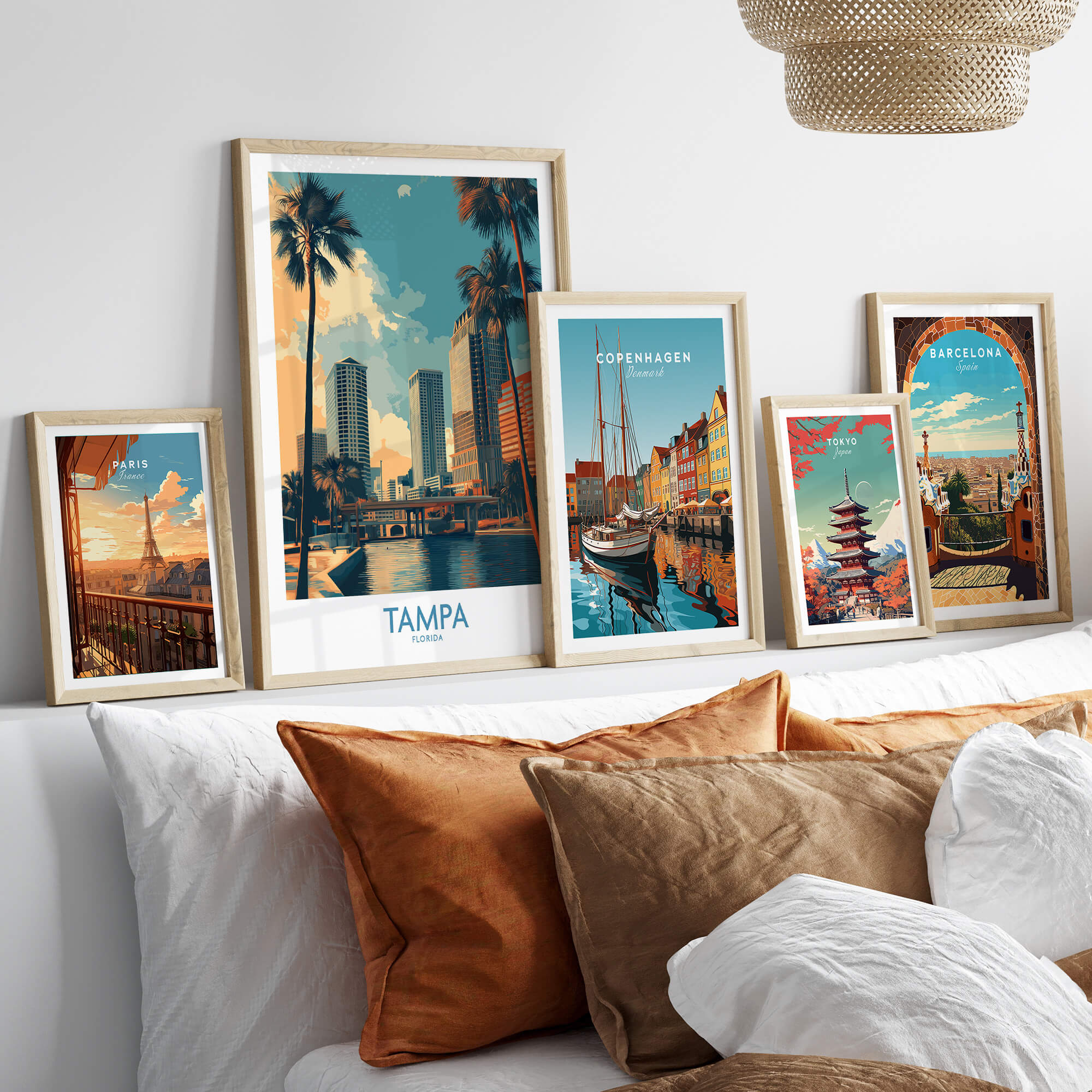 Tampa Florida Poster | City Waterfront Architecture Scene Canvas Print displayed in modern home decor with other city posters.