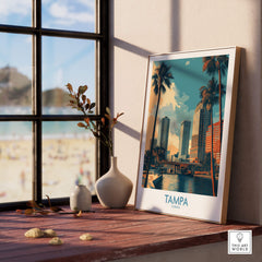 Tampa Florida Poster | City Waterfront Architecture Scene Canvas Print displayed in a bright room with a beach view.