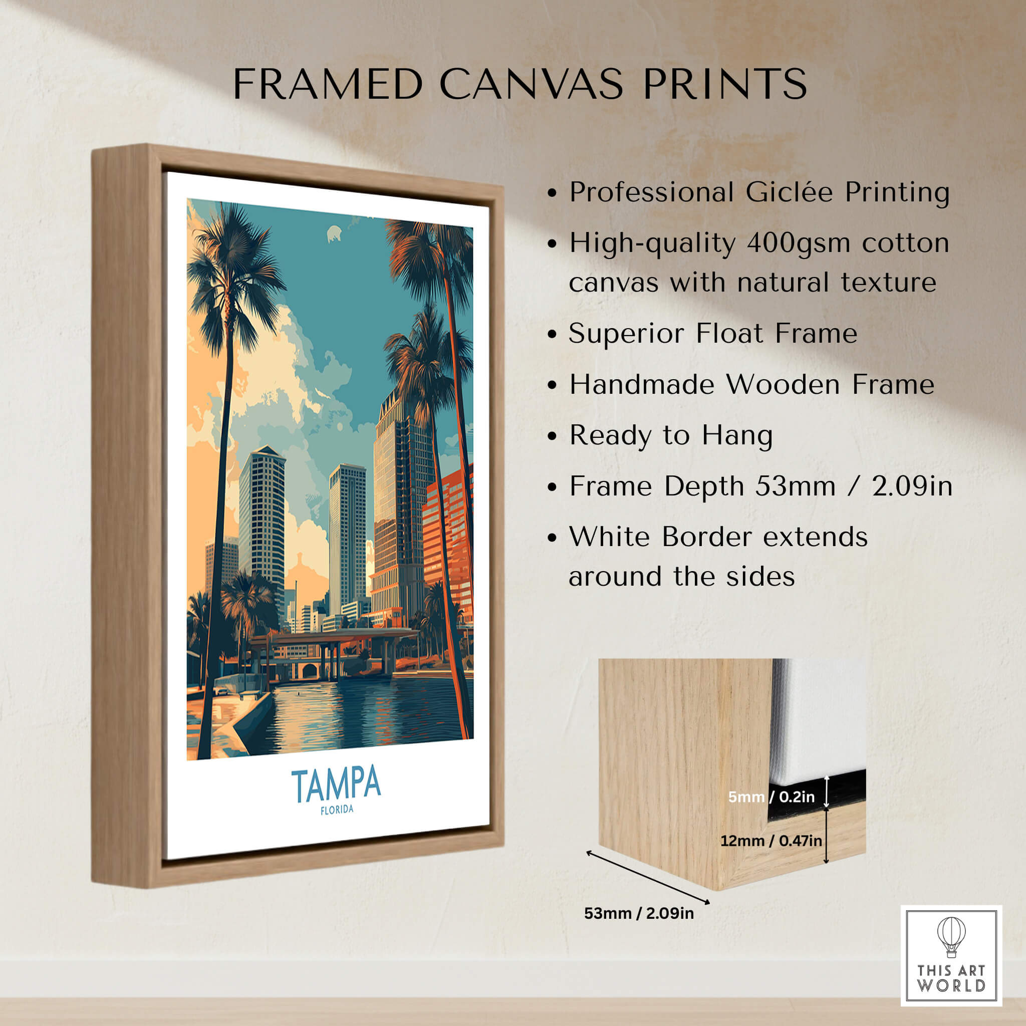 Tampa Florida Poster | City Waterfront Architecture Scene Canvas Print showcasing modern buildings and vibrant colors.