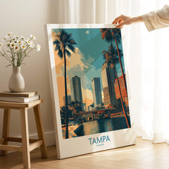 Tampa Florida Poster | City Waterfront Architecture Scene Canvas Print showcasing vibrant buildings and palm trees.