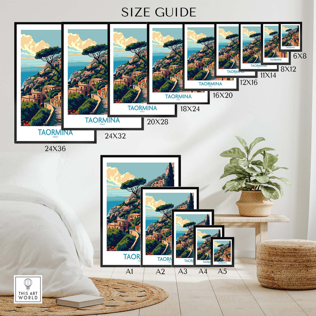 Various sizes of Taormina Travel Print displayed on a wall with a size guide, showcasing Italy’s beautiful coastline.