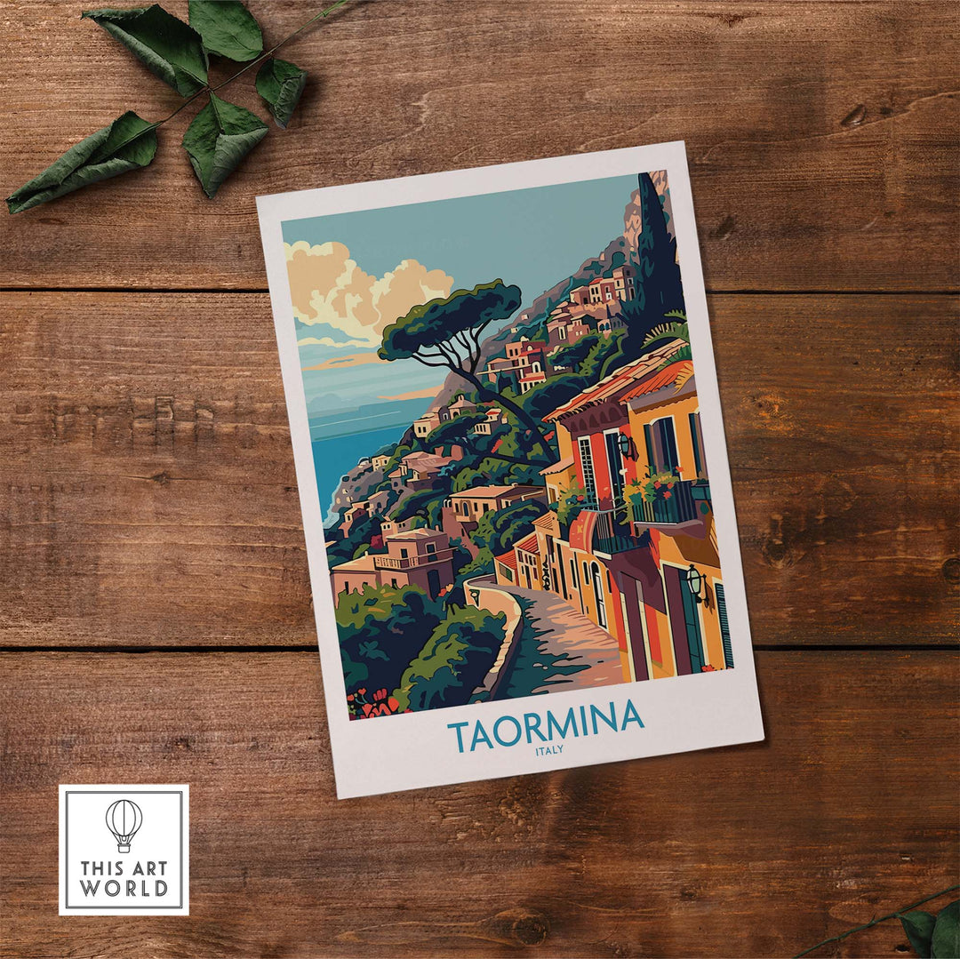 Taormina Travel Print - Vibrant souvenir art print of Taormina's beautiful coastline on wooden surface with leaves.