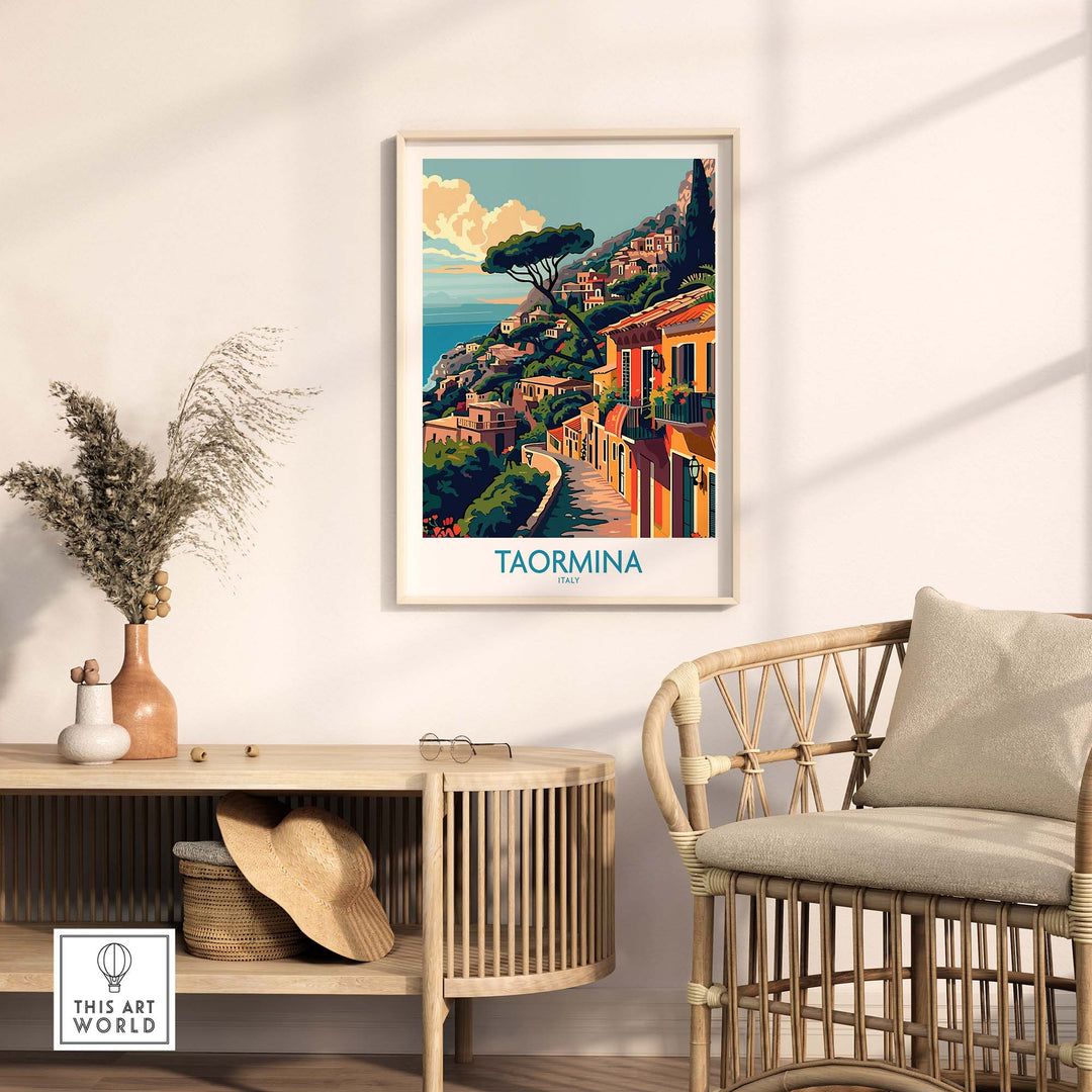 Taormina Travel Print - Vibrant travel poster of Italy's beautiful coastline displayed in a cozy living room setting.