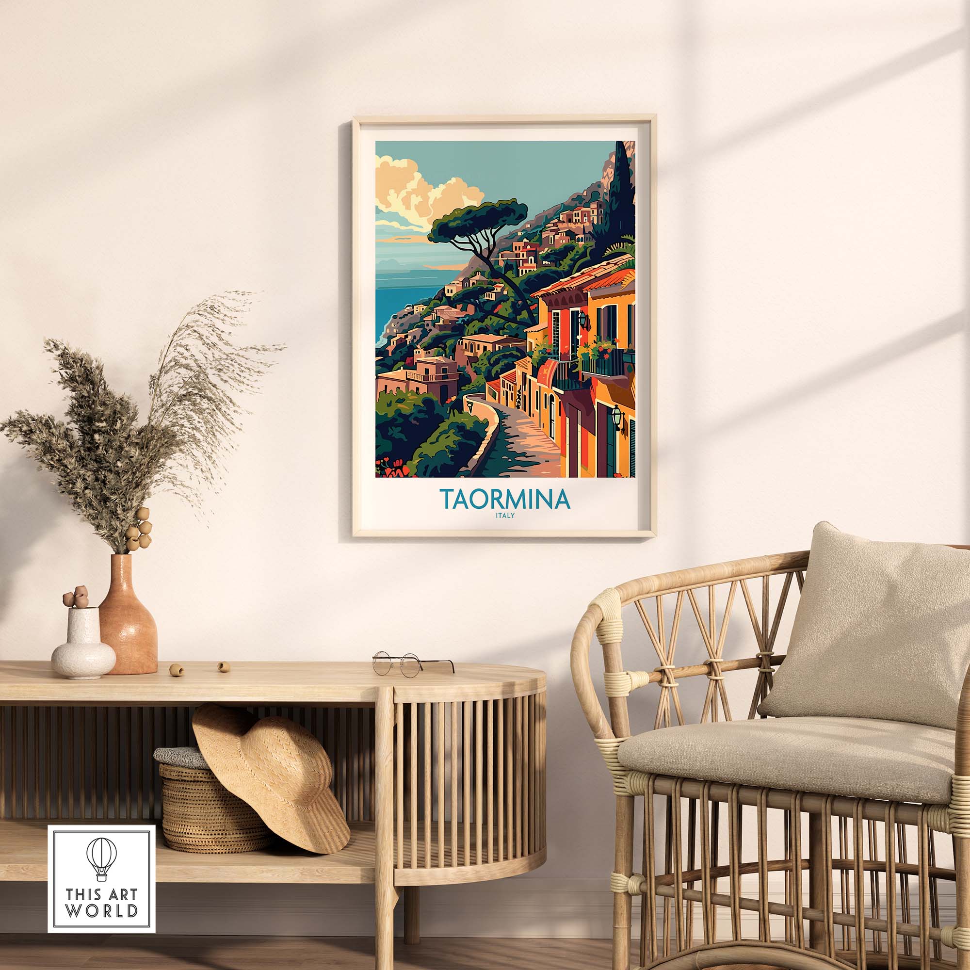 Taormina Travel Print - Vibrant Souvenir of Italys Beautiful Coastline displayed in a stylish living room setting.