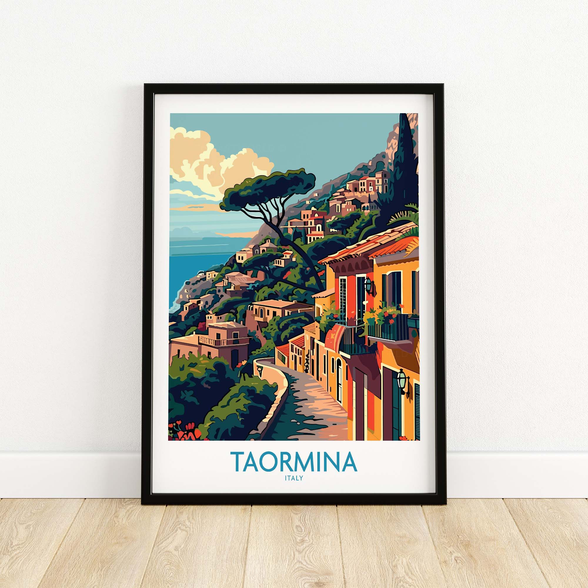 Taormina Travel Print - Vibrant Souvenir of Italys Beautiful Coastline framed wall art featuring colorful Italian landscape.