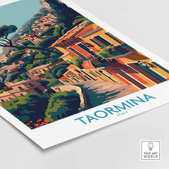 Taormina Travel Print - Vibrant Souvenir of Italys Beautiful Coastline featuring colorful Italian buildings and scenic views.