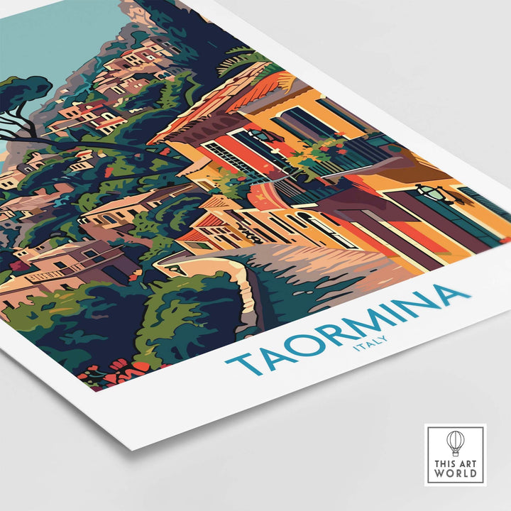Vibrant Taormina Travel Print of Italy's beautiful coastline and colorful buildings.