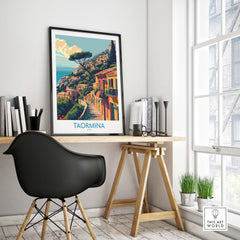 Taormina Travel Print - Vibrant Souvenir of Italys Beautiful Coastline displayed in a stylish home office setting.