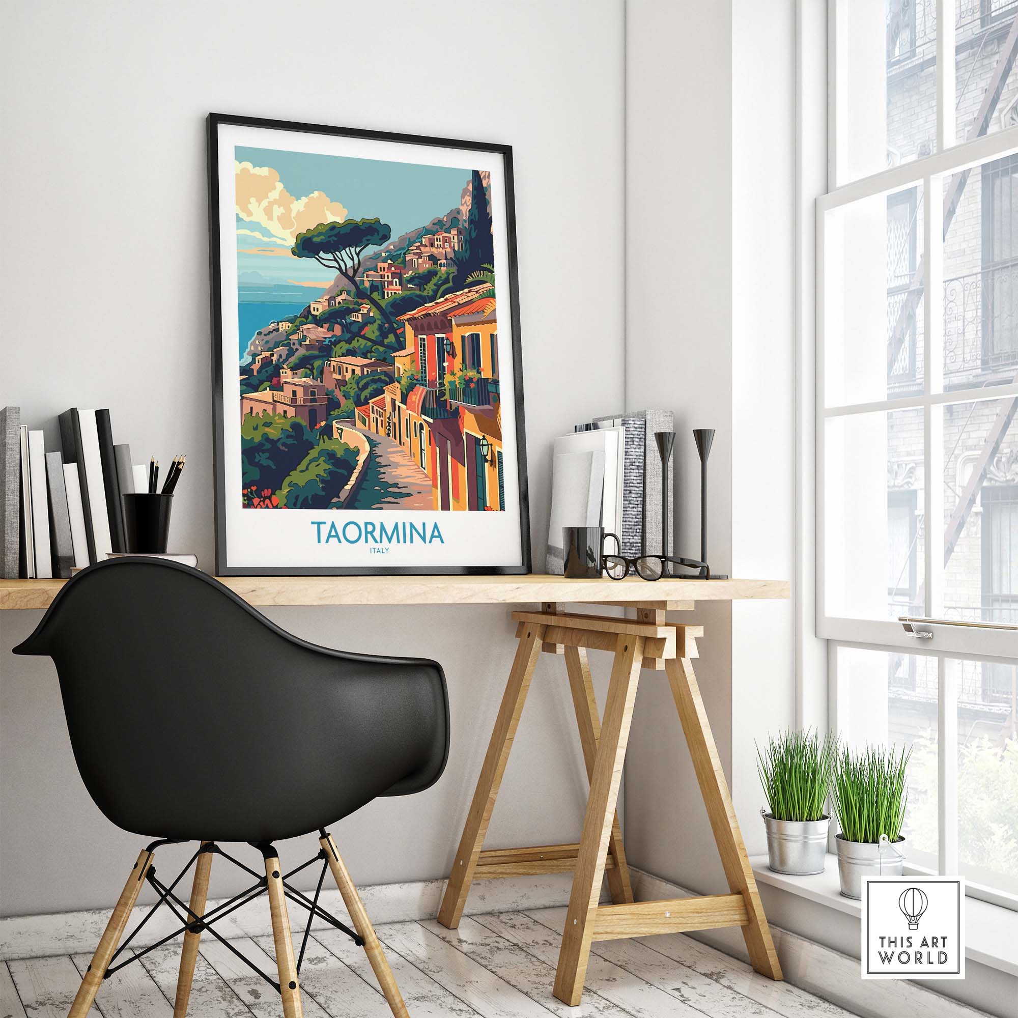 Taormina Travel Print - Vibrant Souvenir of Italys Beautiful Coastline displayed in a stylish home office setting.