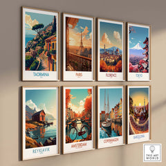 Taormina Travel Print - Vibrant Souvenir of Italys Beautiful Coastline displayed among other city travel prints.