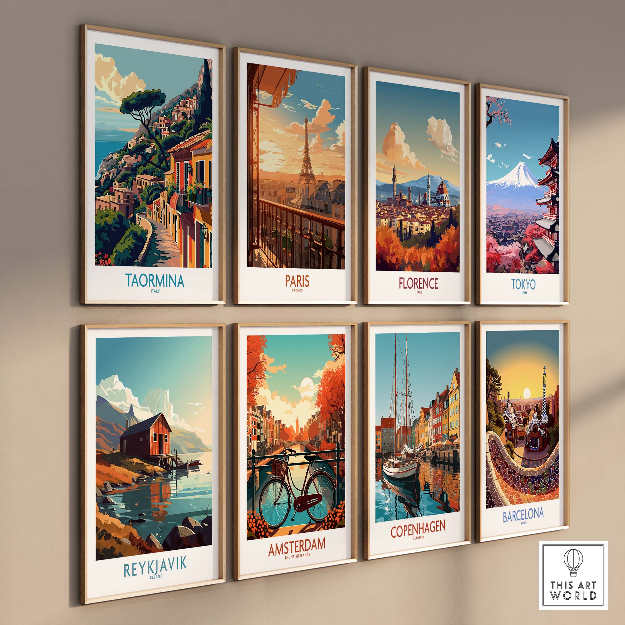 Taormina Travel Print - Vibrant Souvenir of Italys Beautiful Coastline displayed among other city travel prints.