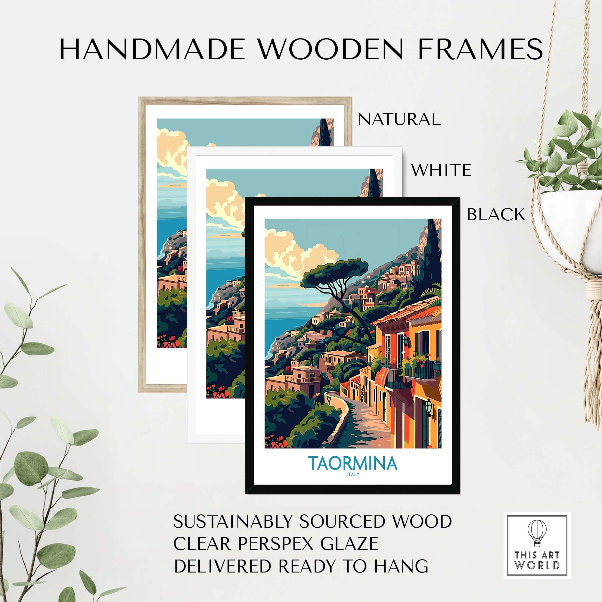 Handmade wooden frames for Taormina Travel Print - Vibrant Souvenir of Italys Beautiful Coastline in natural, white, and black.