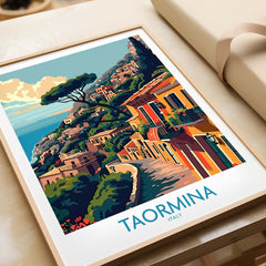 Taormina Travel Print - Vibrant Souvenir of Italys Beautiful Coastline featuring colorful coastal scenery.
