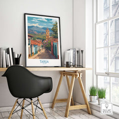 Tarija Bolivia Print | City Travel Poster displayed in a stylish home office setting, showcasing vibrant city streets.