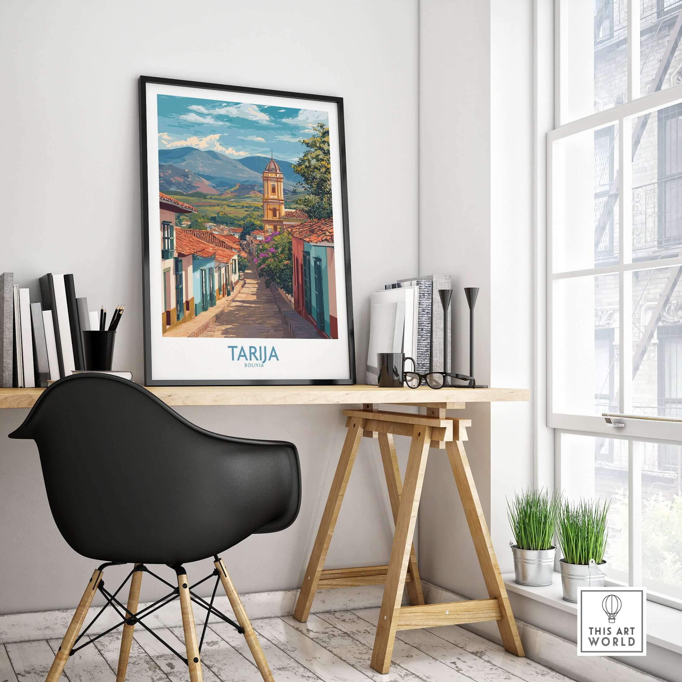 Tarija Bolivia Print | City Travel Poster displayed in a stylish home office setting, showcasing vibrant city streets.