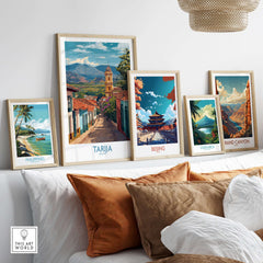 Tarija Bolivia Print | City Travel Poster displayed among other travel posters on a wall with cozy decor.