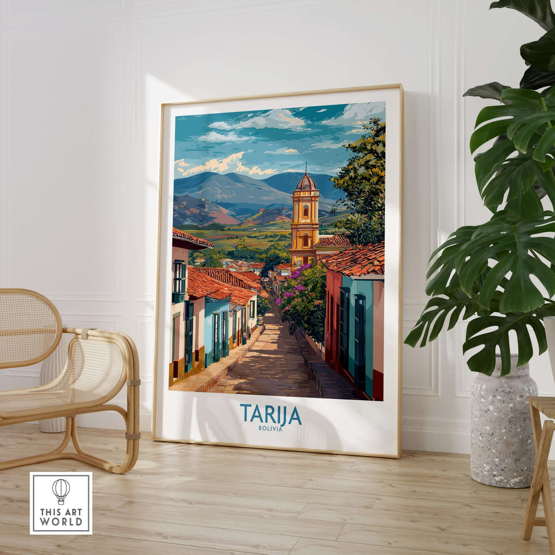 Tarija Bolivia Print | City Travel Poster showcasing vibrant streets and mountains in Tarija, Bolivia interior decor