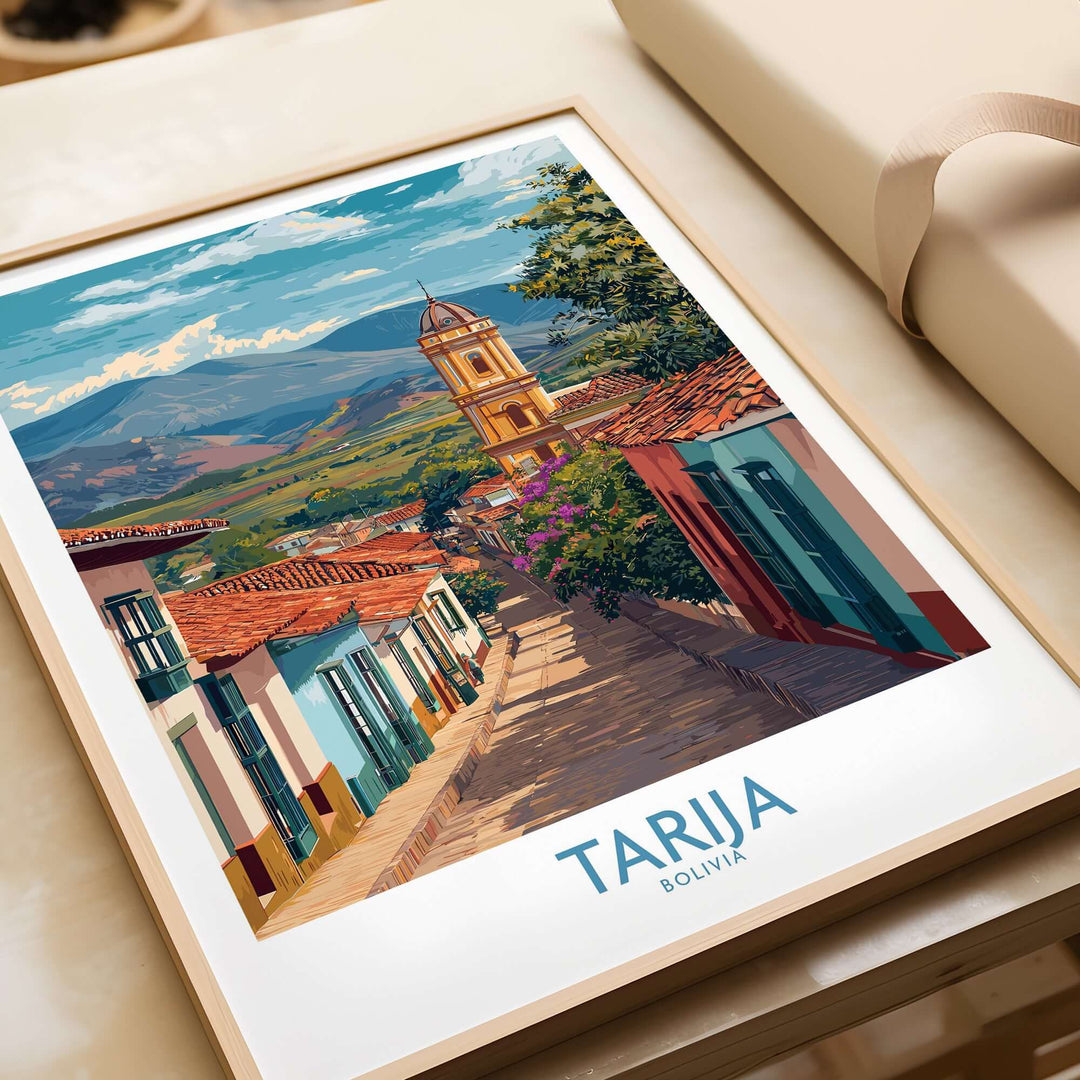 Tarija Bolivia Print | City Travel Poster featuring a vibrant street scene and picturesque landscape.