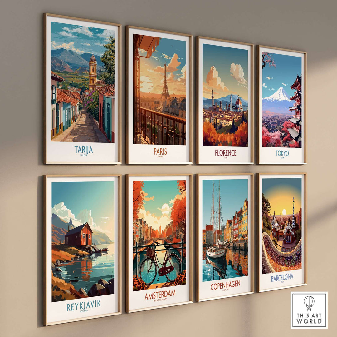 Tarija Bolivia Print | City Travel Poster featuring vibrant art of Tarija and other global cityscapes on a wall display.