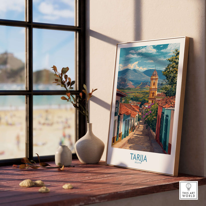 Tarija Bolivia Print | City Travel Poster showcasing vibrant streets and cultural charm in a scenic home setting.