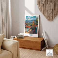 Tarija Bolivia Print | City Travel Poster displayed in a stylish living room with natural light and wooden decor.