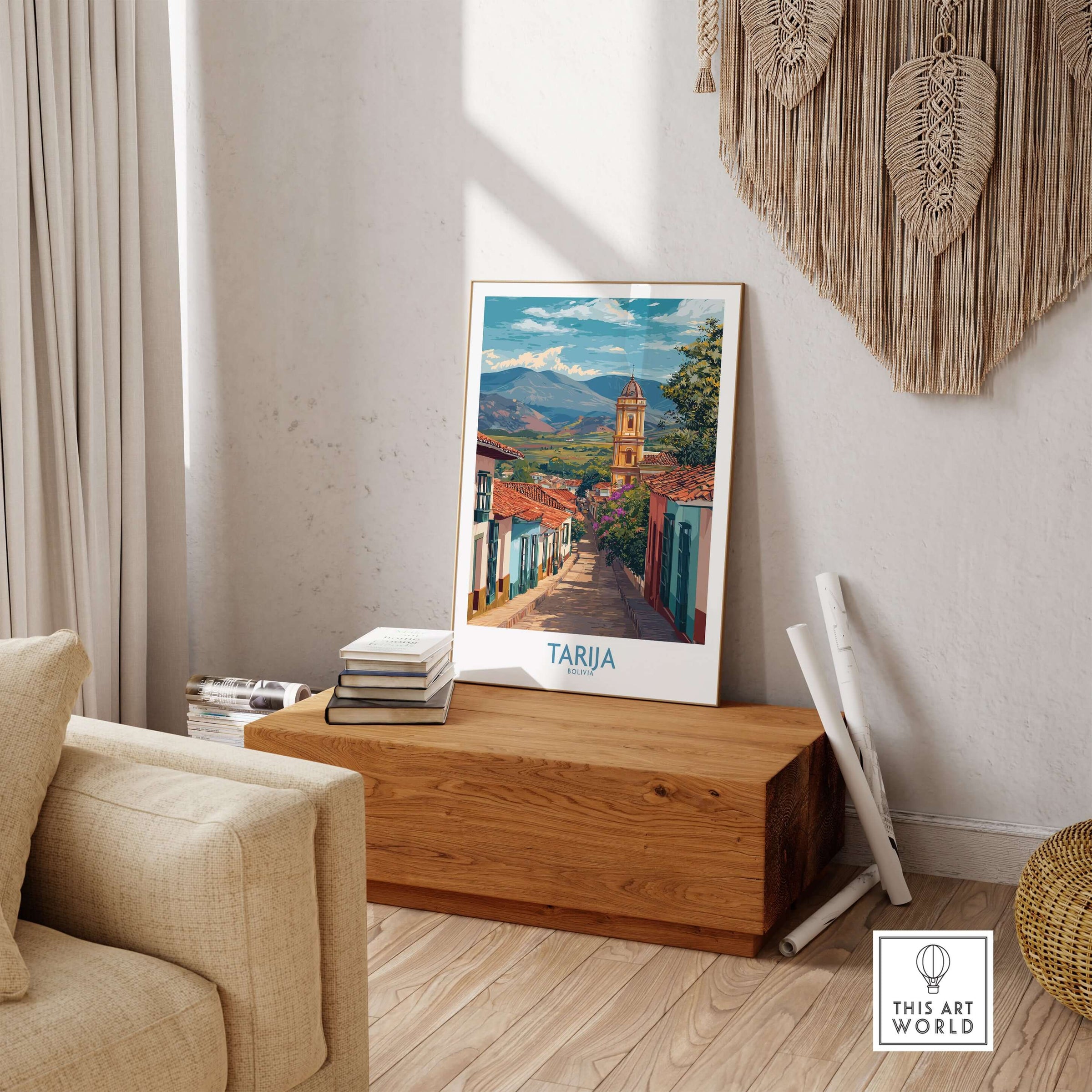Tarija Bolivia Print | City Travel Poster displayed in a stylish living room with natural light and wooden decor.