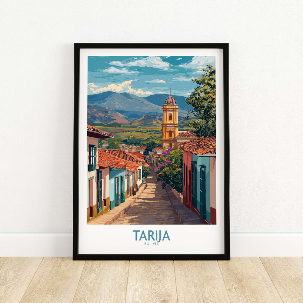 Tarija Bolivia Print | City Travel Poster showcasing vibrant streets and mountains of Tarija.