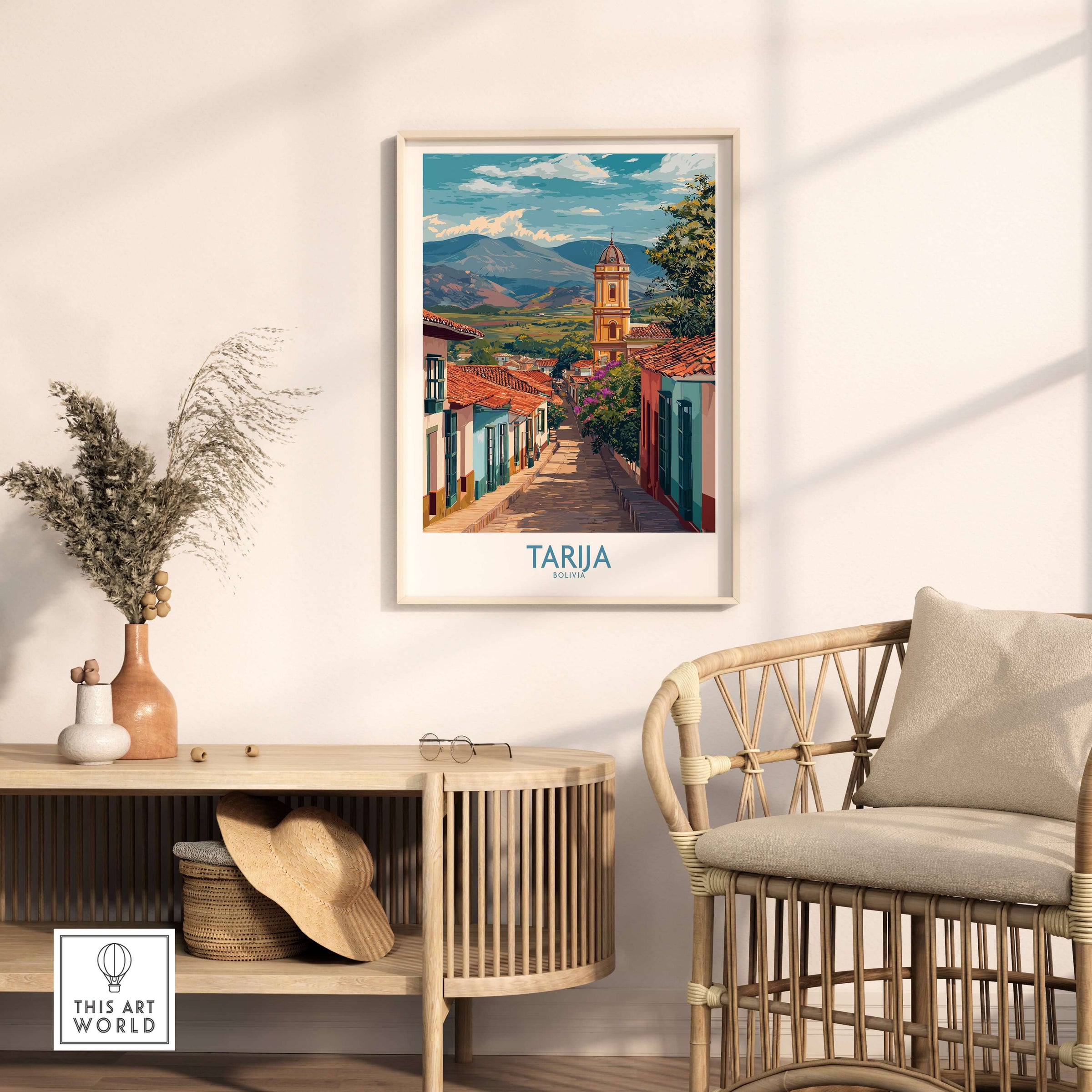 Tarija Bolivia Print | City Travel Poster displayed in a stylish living room setting with a rattan chair and decorative elements.