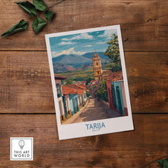 Tarija Bolivia Print | City Travel Poster featuring a colorful street scene and mountains in the background.