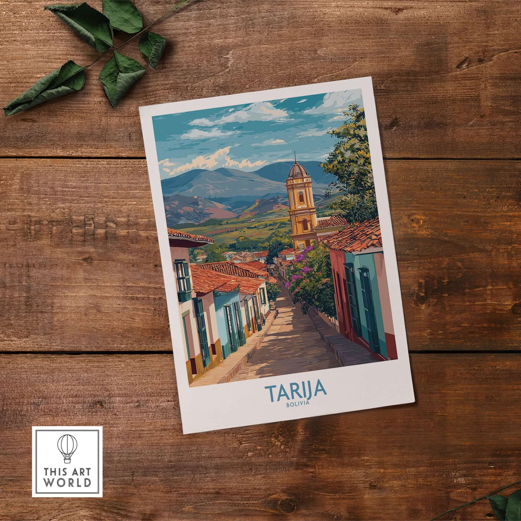 Tarija Bolivia Print | City Travel Poster featuring a colorful street scene and mountains in the background.
