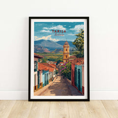 Tarija Poster South America Print | Bolivian Wall Decor showcasing a scenic view of Tarija, Bolivia with mountains and traditional architecture.