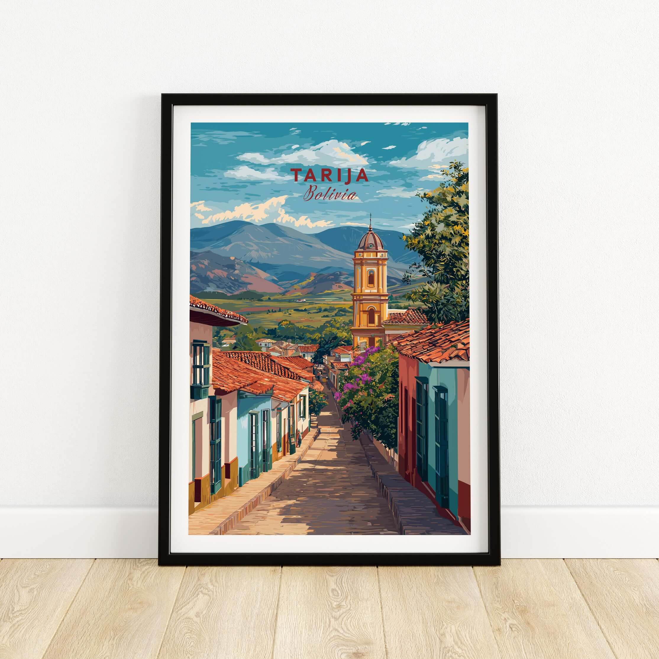 Tarija Poster South America Print | Bolivian Wall Decor showcasing a scenic view of Tarija, Bolivia with mountains and traditional architecture.