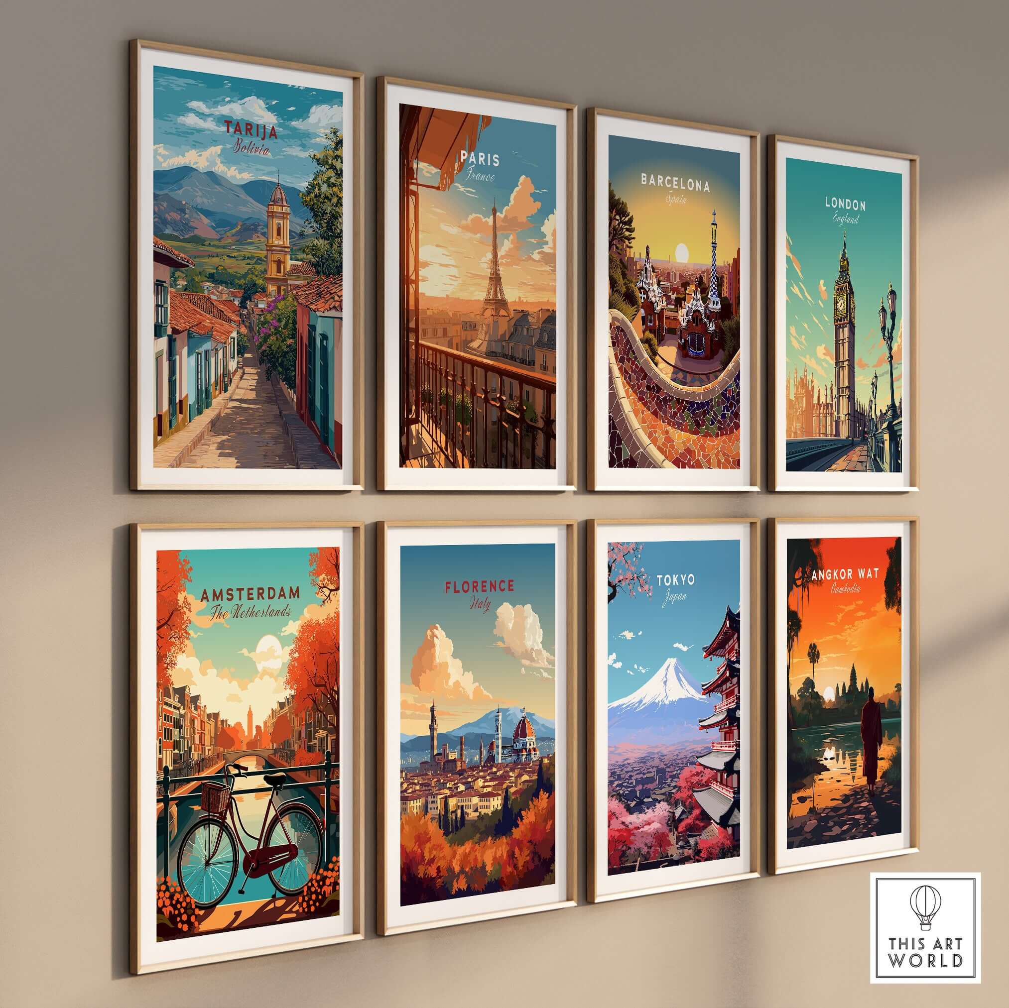 Tarija Poster South America Print | Bolivian Wall Decor among other city posters on a modern wall display.