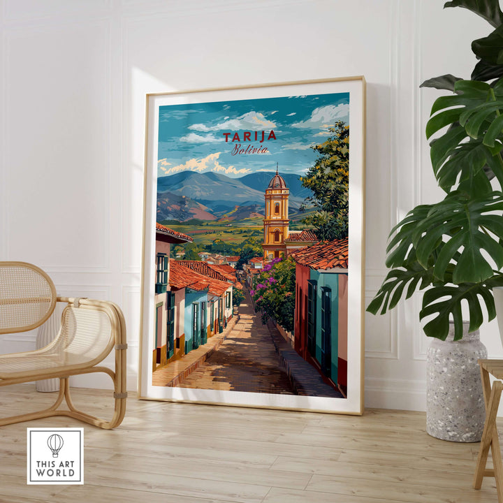 Tarija Poster South America Print | Bolivian Wall Decor featuring a vibrant street scene and mountain backdrop.