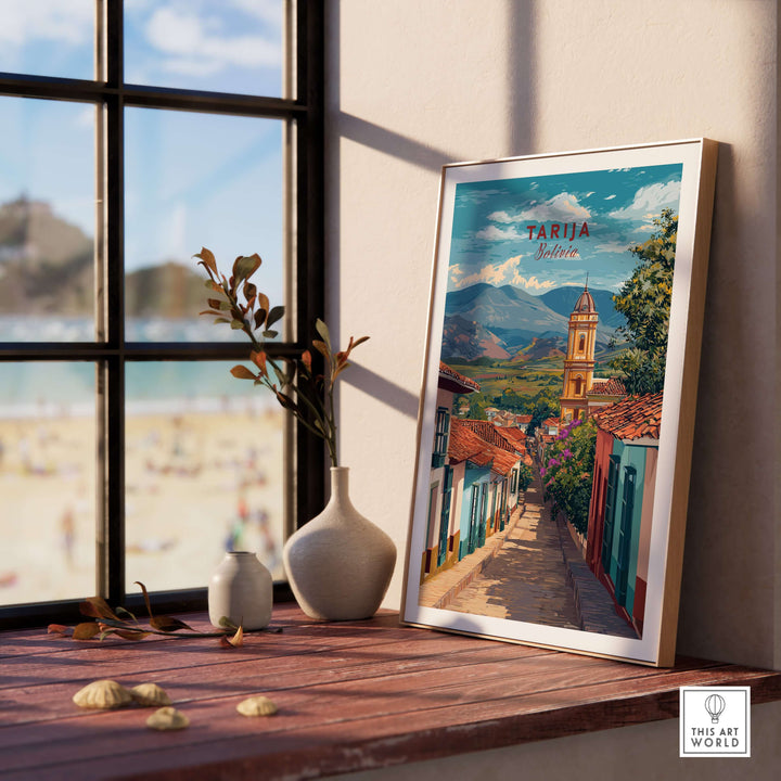 Tarija Poster South America Print | Bolivian Wall Decor displayed in a cozy room with a view of a beach.