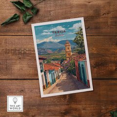 Tarija Poster South America Print | Bolivian Wall Decor showcasing scenic Tarija architecture and landscape on a rustic background.