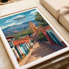 Tarija Poster South America Print | Bolivian Wall Decor featuring vibrant streets and mountains of Tarija.