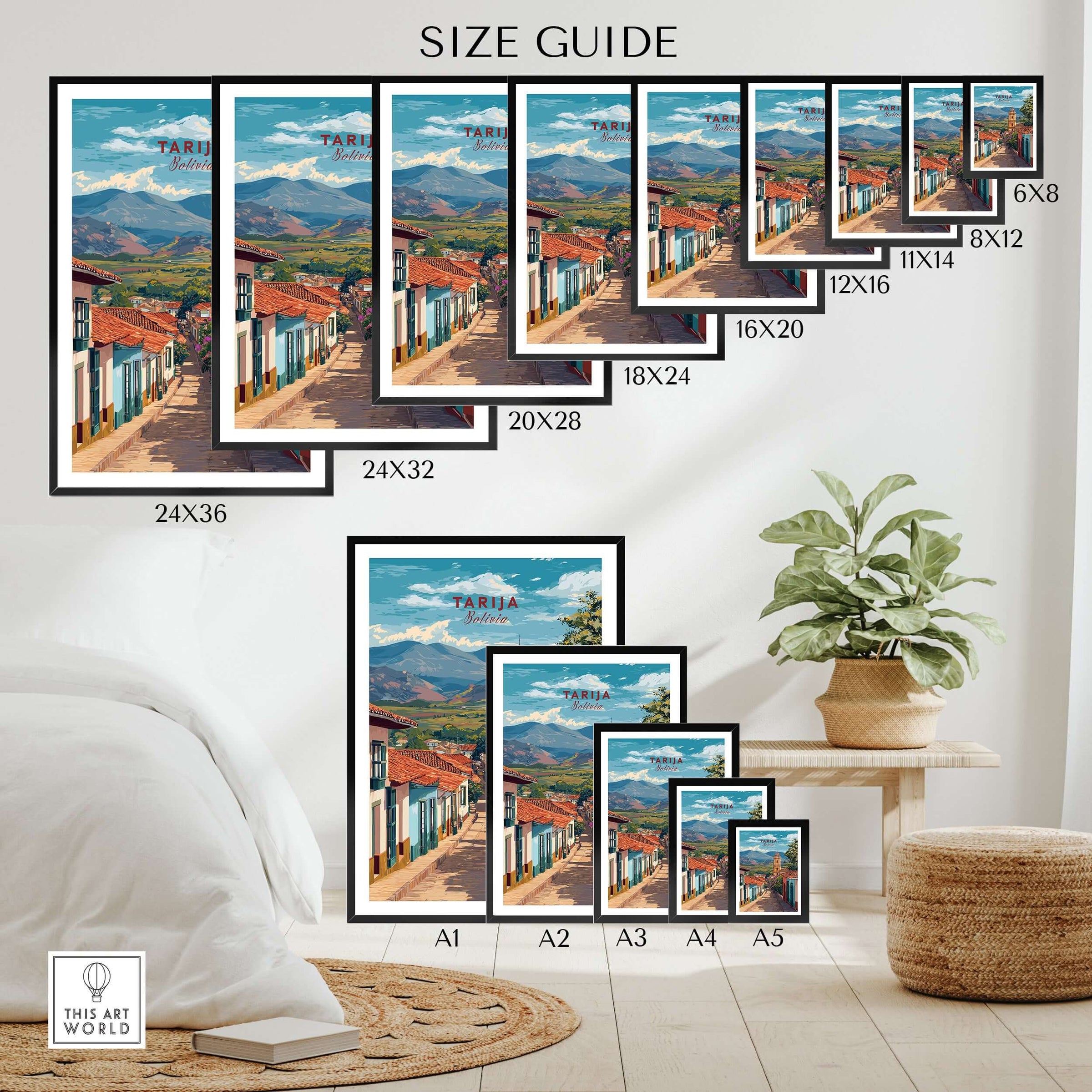 Tarija Poster South America Print | Bolivian Wall Decor size guide displaying various frame sizes.