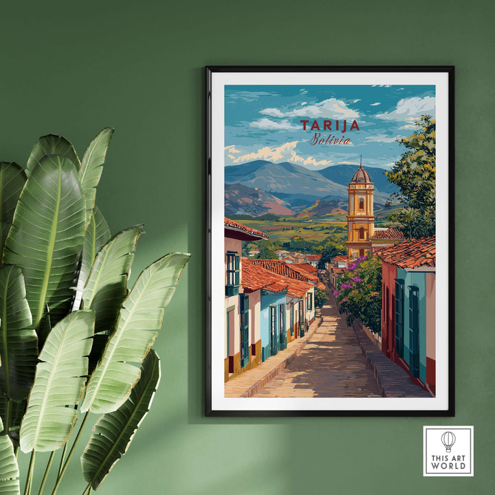 Tarija Poster South America Print | Bolivian Wall Decor showcasing vibrant streets and mountains of Tarija.