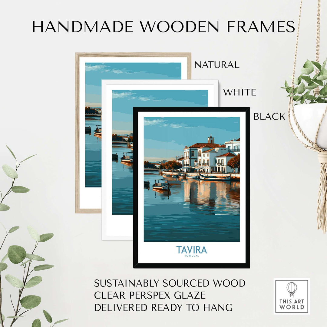 Handmade wooden frames for Tavira Algarve poster in natural, white, and black colors, featuring sustainably sourced wood.